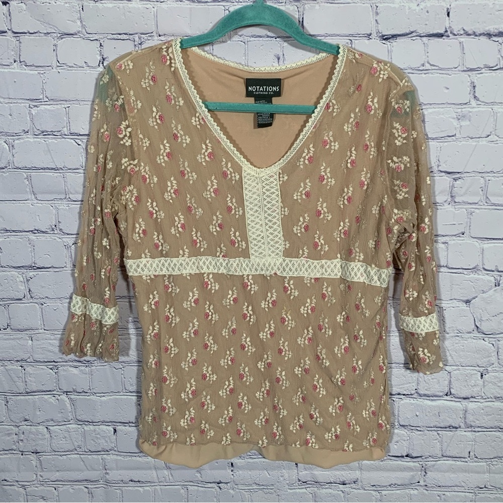 Notations Womens VTG Floral Lace Overlay Babydoll Top Size L Fairy 90s Casual